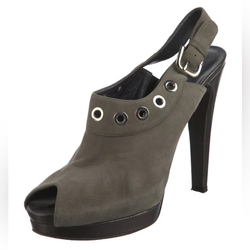 Stuart Weitzman Peep Toe Slingback Heels‎ Gray Suede Platform Buckle Size 8.5